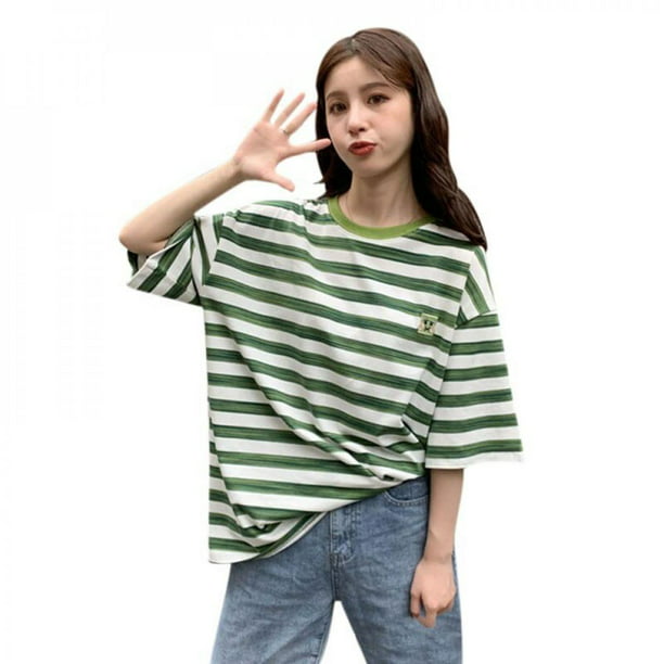 Blouses for Women Fashion 2018 Short Sleeve Shirts Lady Loose Stripe Tops Casual Basic T Shirts 